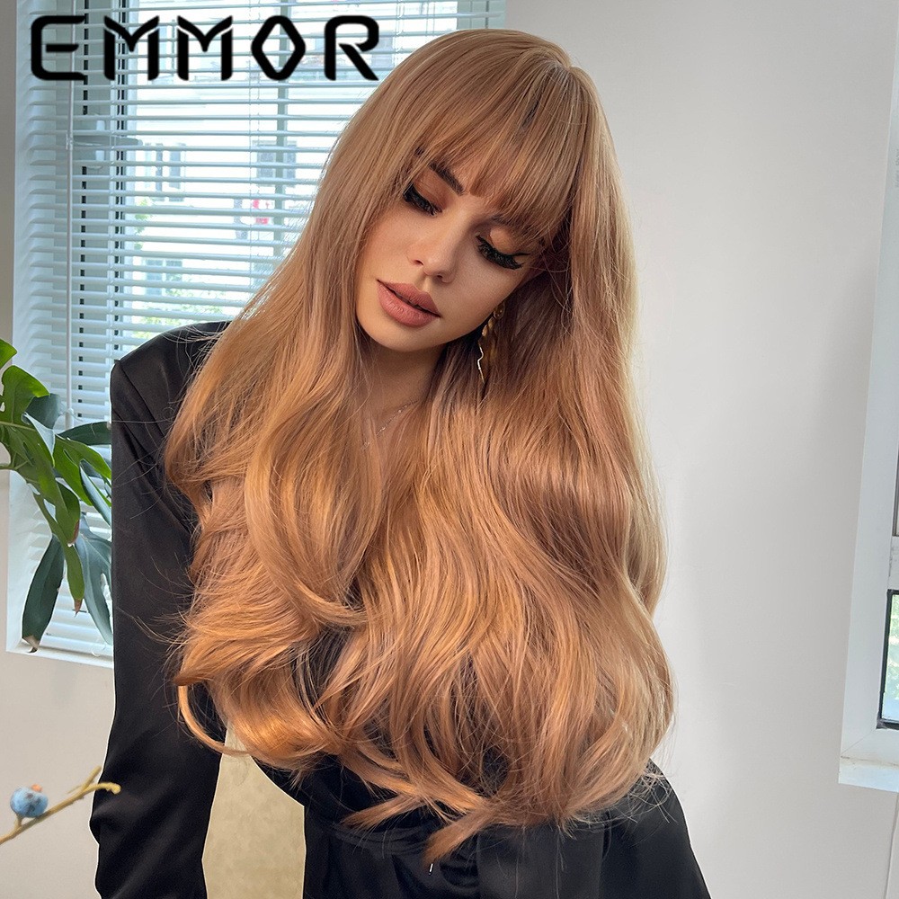 Long Curly Wig with Bangs High Temperature Fiber Matte Synthetic Full Head Wig