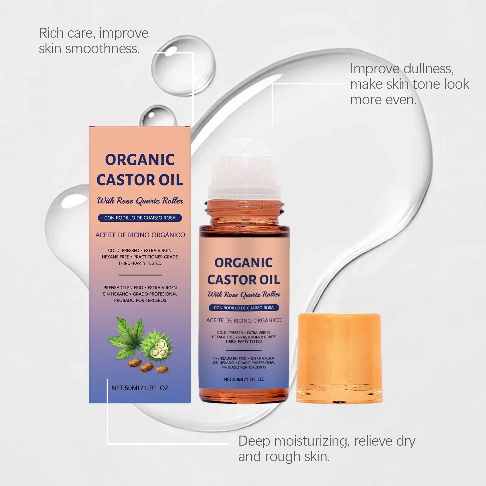 1Bottle Organic Golden Castor Oil Roll-On with Rose Quartz for Skin,Hair&Wrinkle