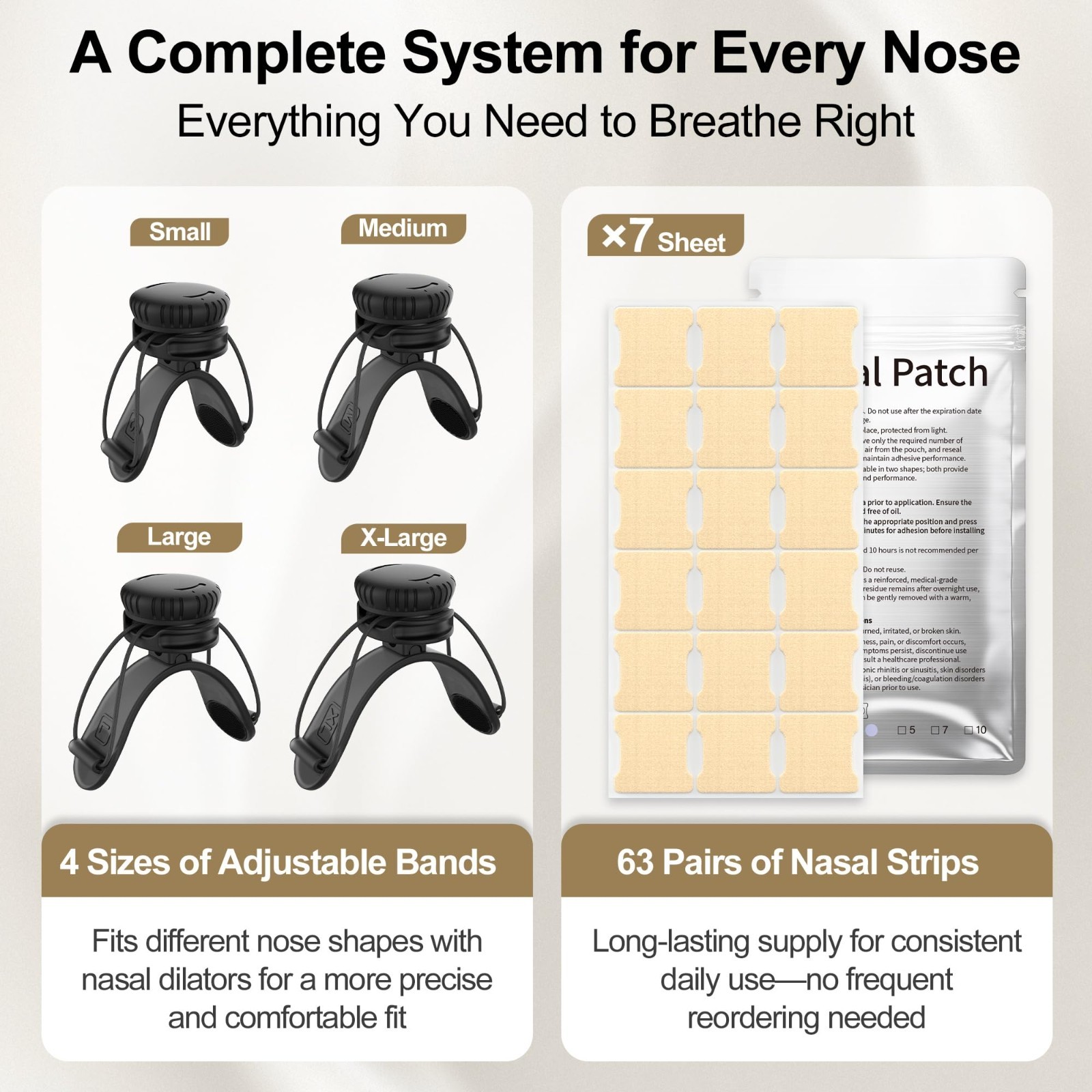 Adjustable Nasal Strips for Snoring Relief – Reusable Dilator Kit, 63 Count, 4 S