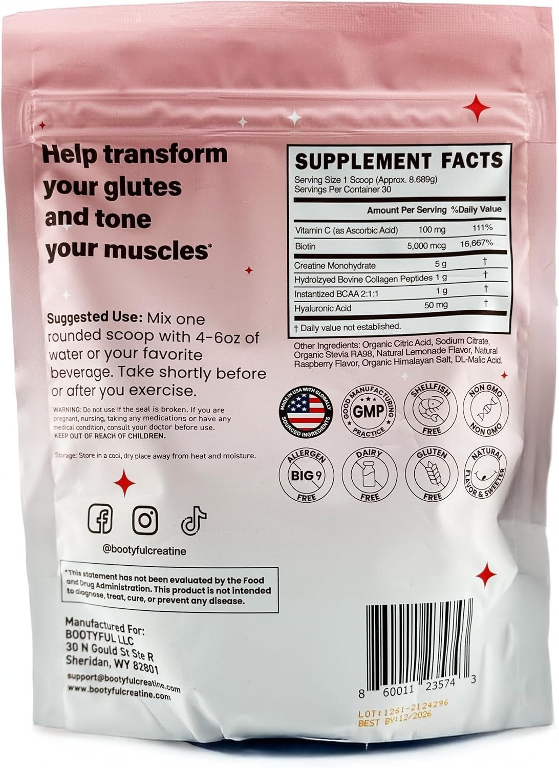 BOOTYFUL Creatine powder Women Collagen Biotin BCAAs Raspberry Lemonade Booty 2