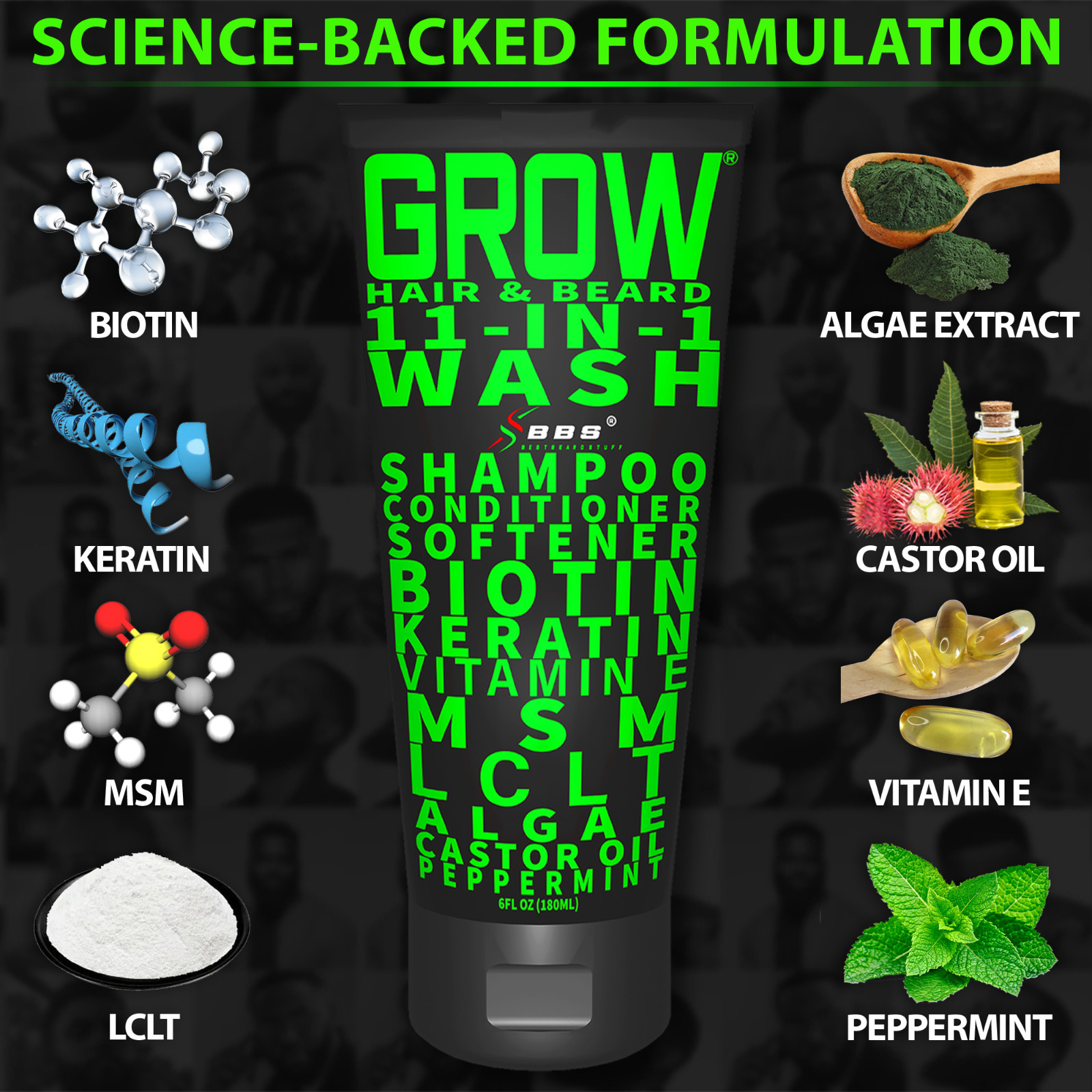 GROW® 11-in-1 Hair and Beard Wash Natural & Organic Vegan Friendly Softens Hair