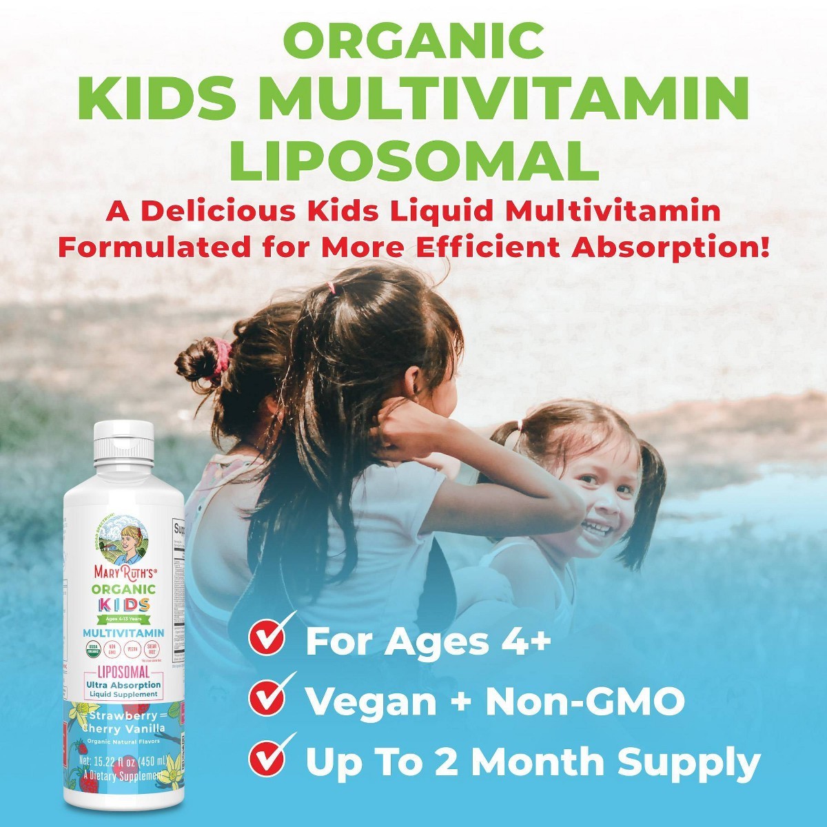 MaryRuth’s Kids’ Organic Multivitamin Liposomal Liquid Vegan Supplement – 15.2oz