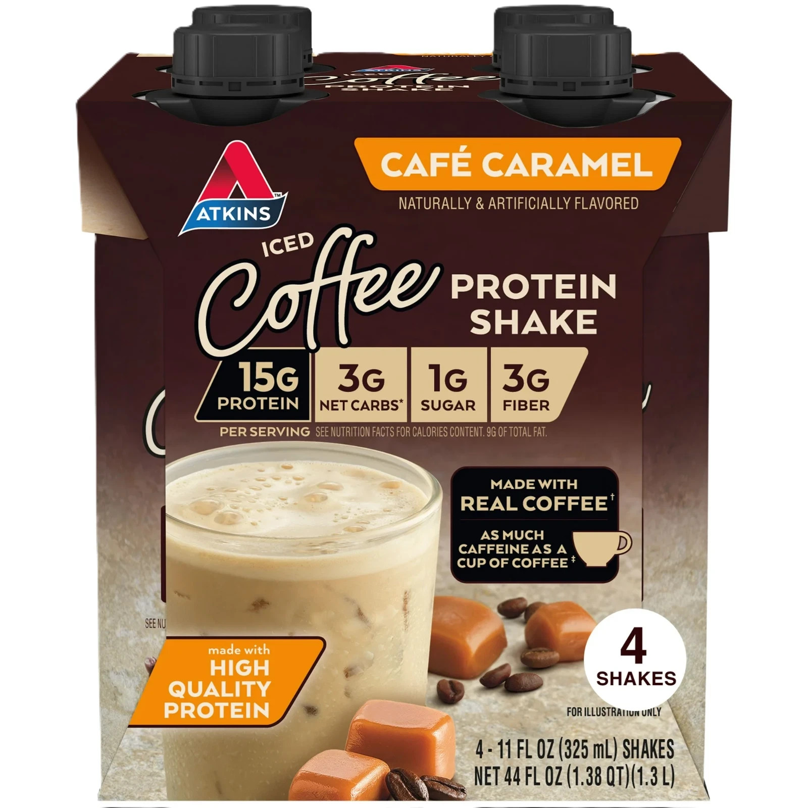 Atkins Protein Shake, Iced Coffee Café Caramel, 15g Protein, Caffeinated, 4 Ct