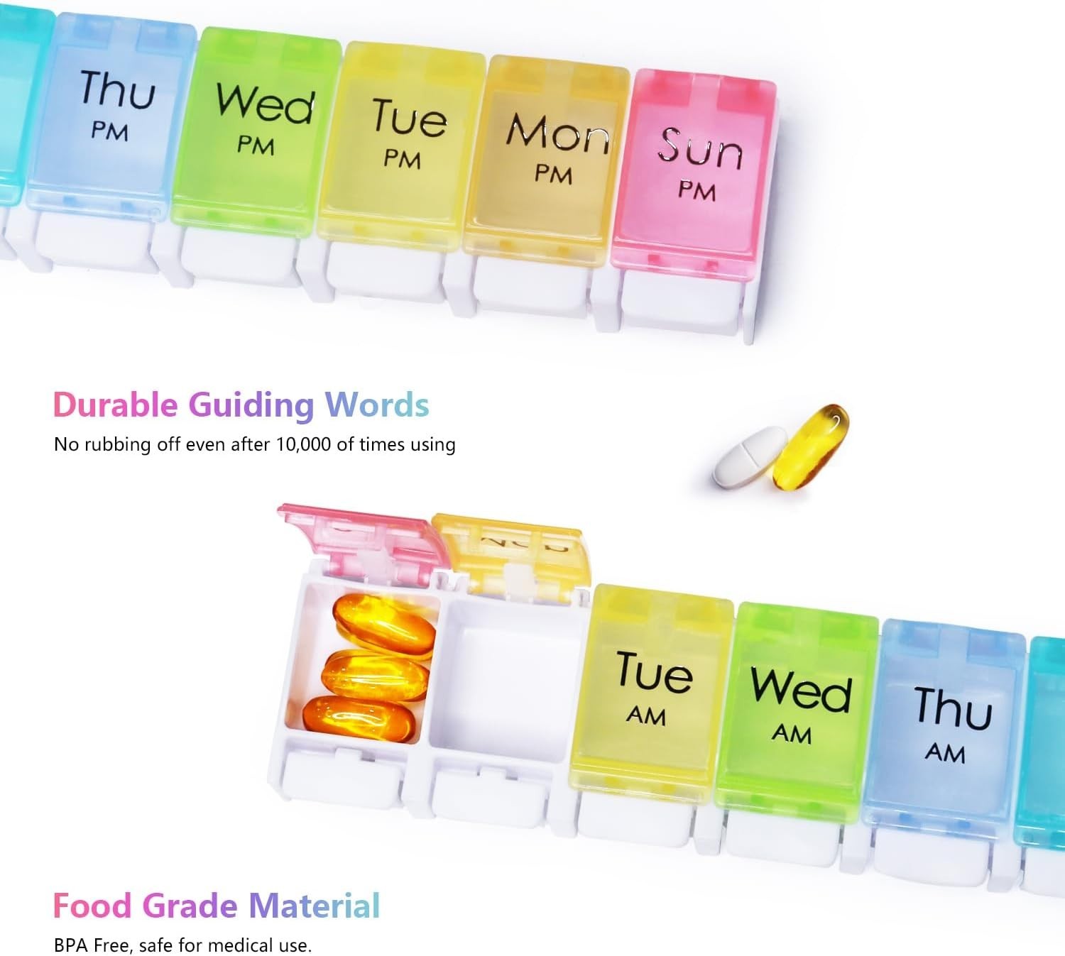 14-Compartment Pill Box – Sturdy, BPA-Free, and Dust-Proof with AM/PM Labels