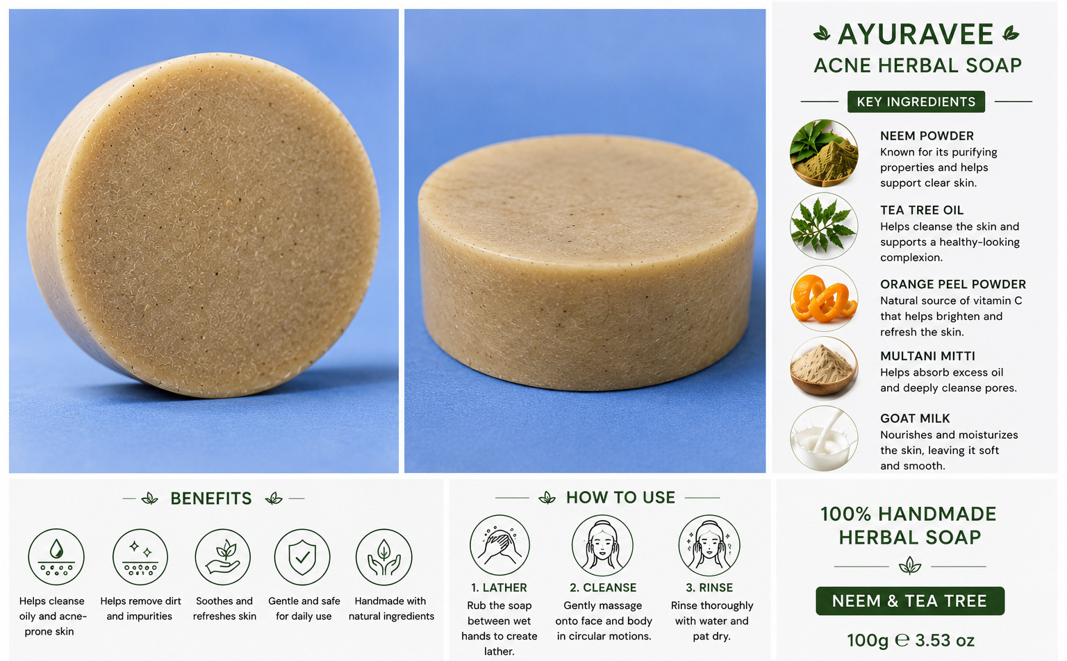 AYURAVEE Handmade Neem & Tea Tree Goat Milk Soap for Oily & Acne-Prone Skin 100g