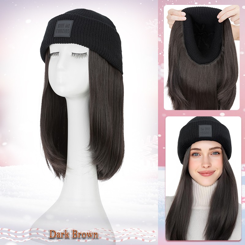 11in-18in Beanie Hat Wig with Hair Attached Wavy Black Winter Knitted Beanie Hat