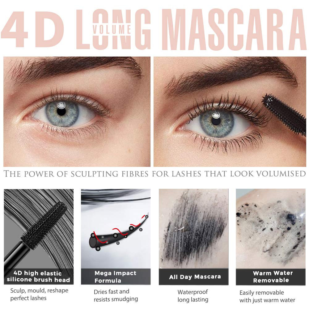 4D Silk Fiber Lash Mascara, Waterproof Long Lasting Mascara Black Volume and Len