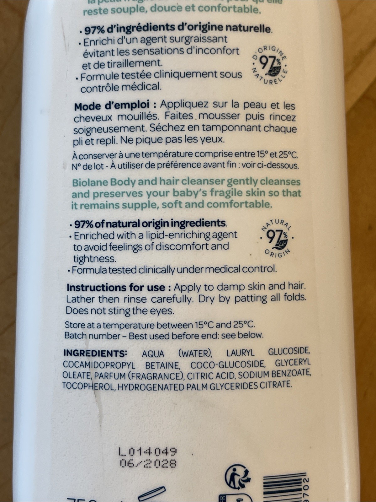 Biolane Expert BODY AND HAIR CLEANSER cleanses & Protects BIG SIZE 750ml 06/28