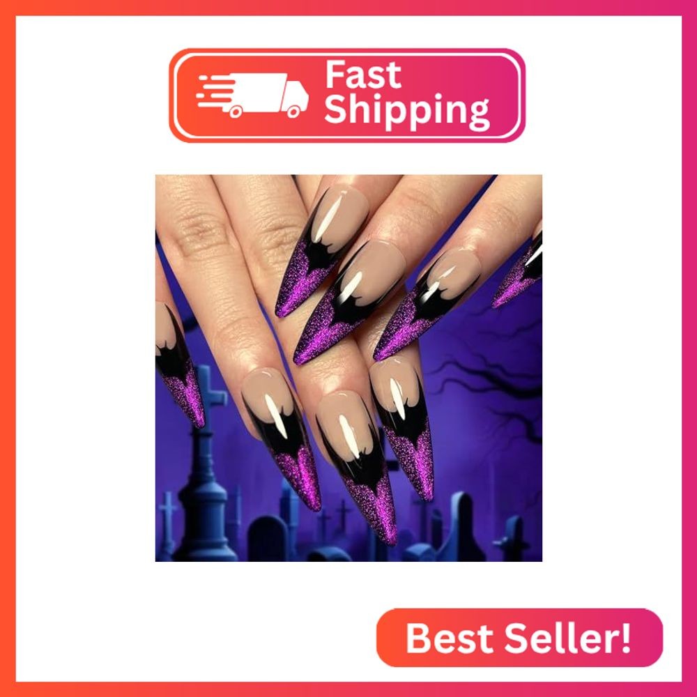 Halloween Fake Nails Long Stiletto Press on Nails French Tip False Nails with Ba