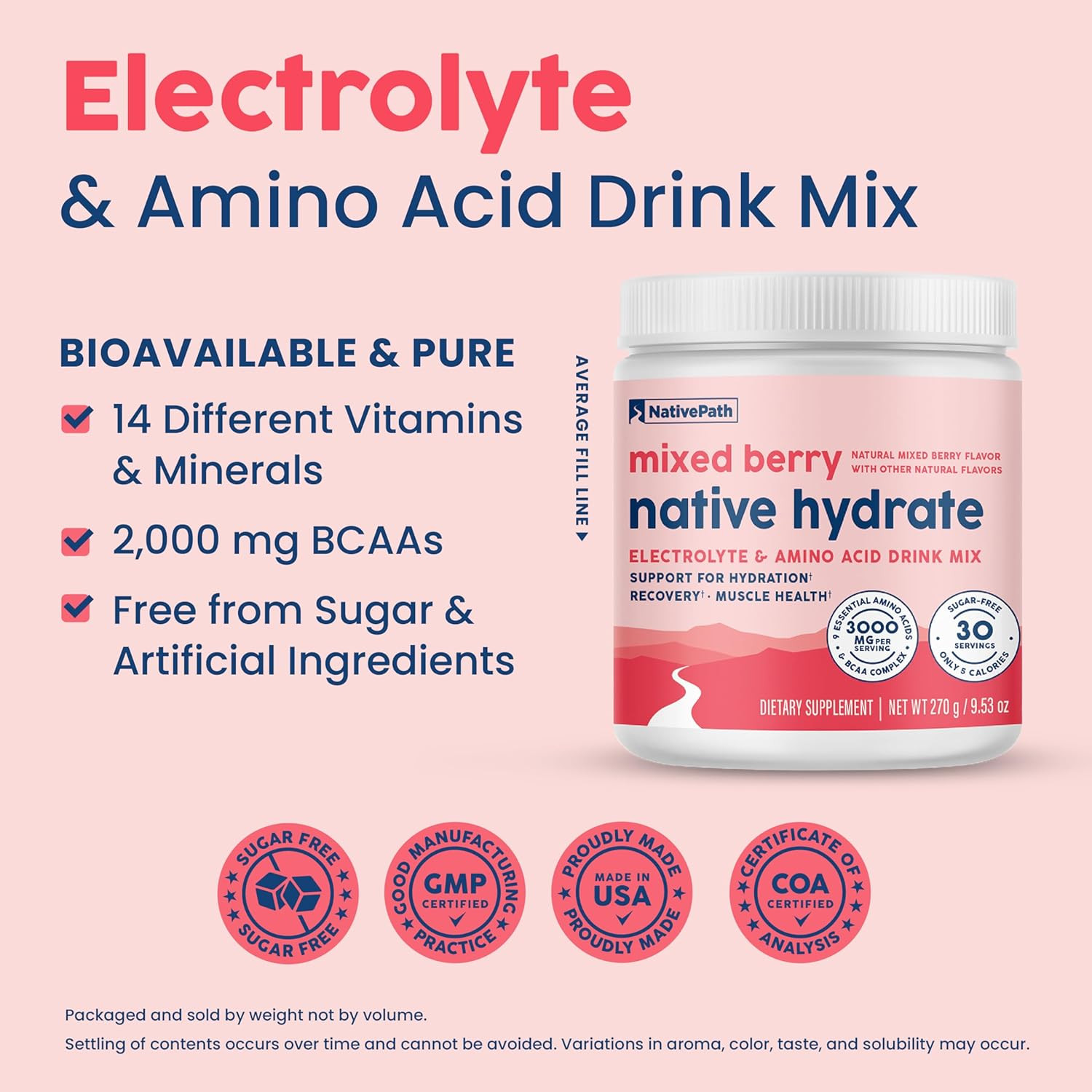 Nativepath Hydrate, Zero Sugar, Electrolytes Powder Bcaas 30 Servings EXP:09/27