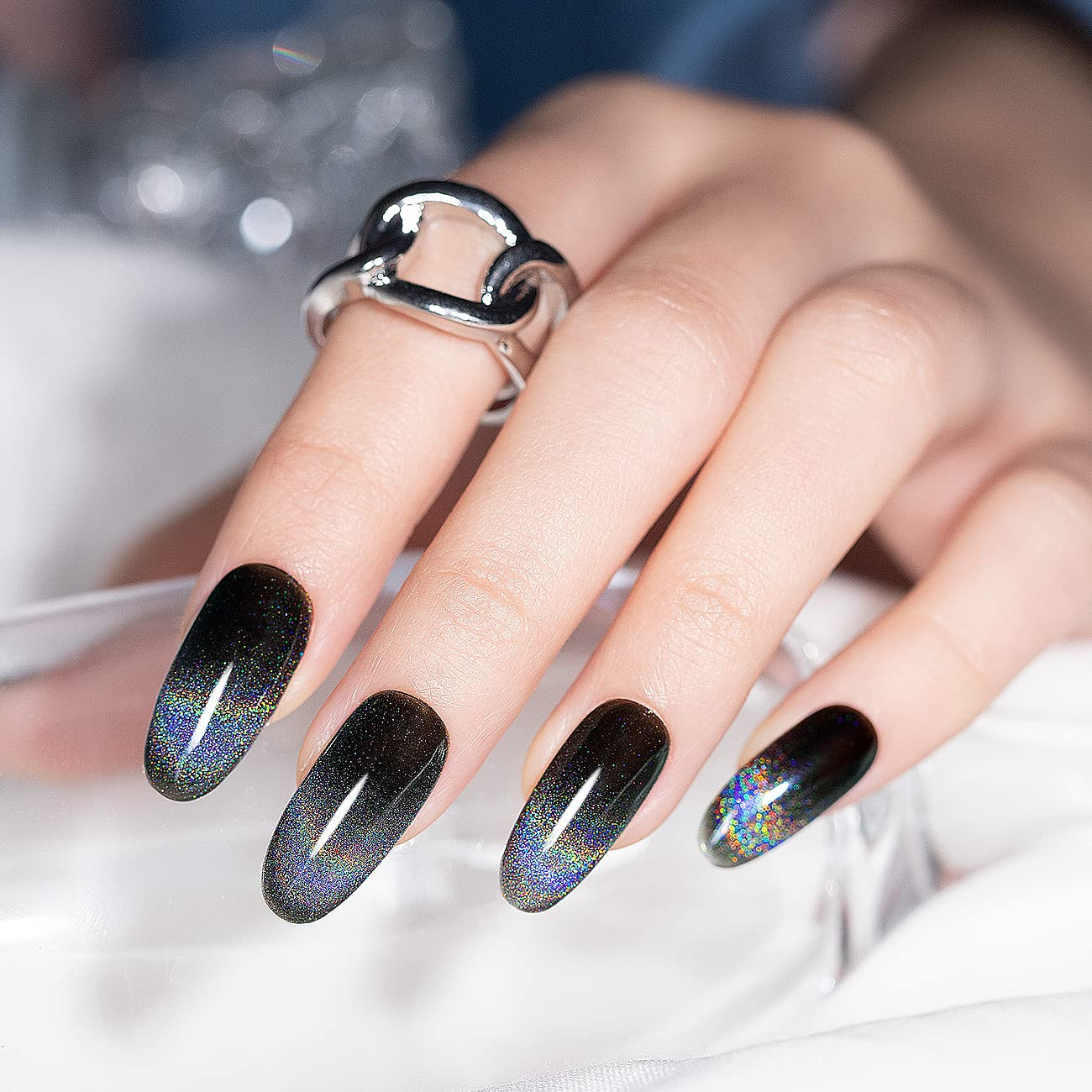 Cat Eye Gel Nail Polish, Galaxy Chameleon Magnetic Gelpolish Black Holographic G