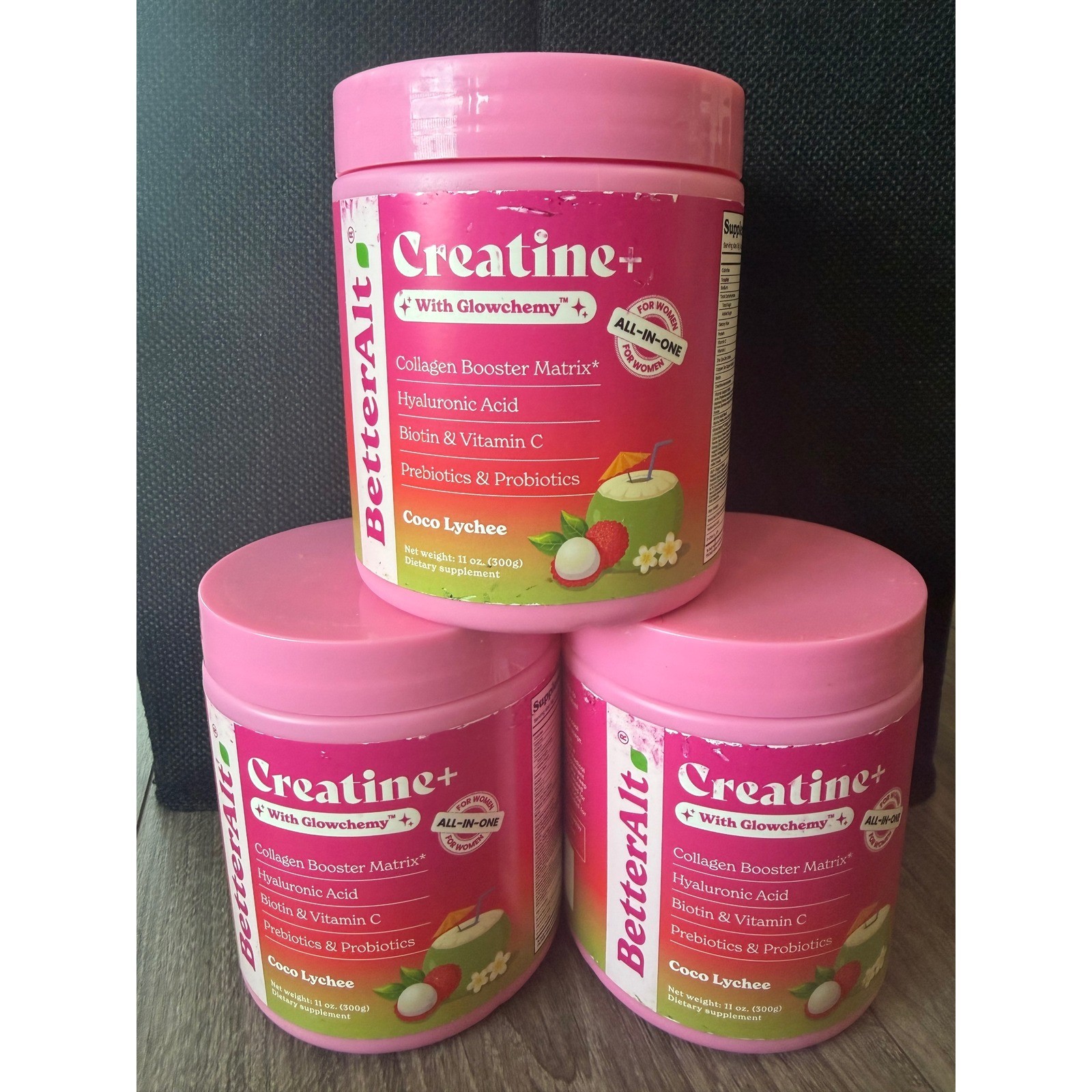 3-pack BetterAlt Creatine+ Collagen Booster Powder Coco Lychee 11oz