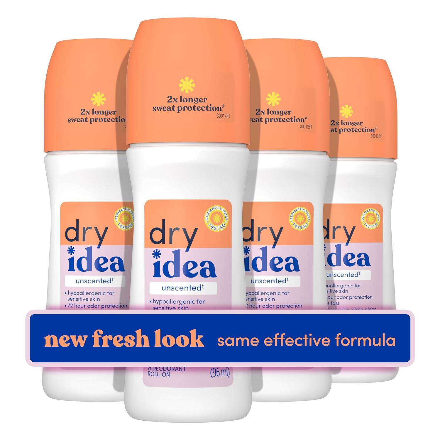 Dry Idea Unscented Roll-On Deodorant Antiperspirant 3.25oz 4 Pack