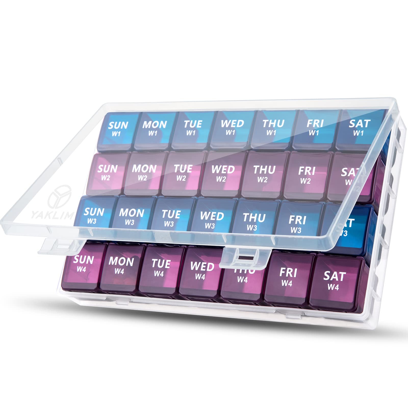 XL Monthly Pill Organizer 1 Time a Day, 4 Week 5 Piece Set, Purple-blue