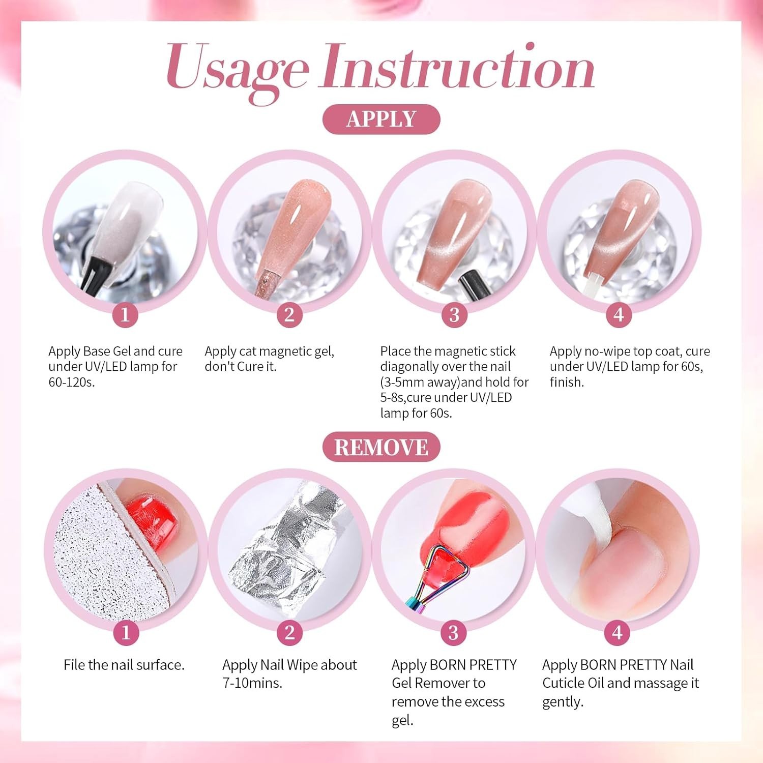 BORN PRETTY Cat Magnetic Eye Gel Nail Polish,Color Changing Pink Sliver Glitter
