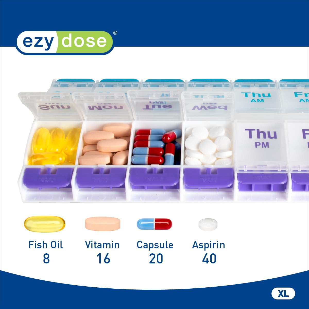 Push Button (7-Day) Pill, Medicine, Vitamin Organizer | Weekly, 2 Time