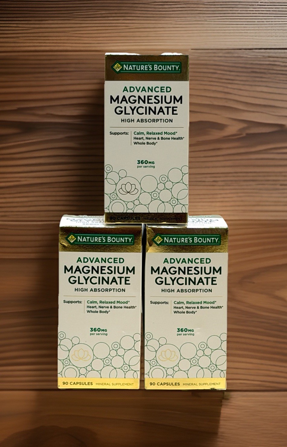 3 Pack Nature’s Bounty High Absorption Magnesium Glycinate 360mg. 270 Caps 06/28
