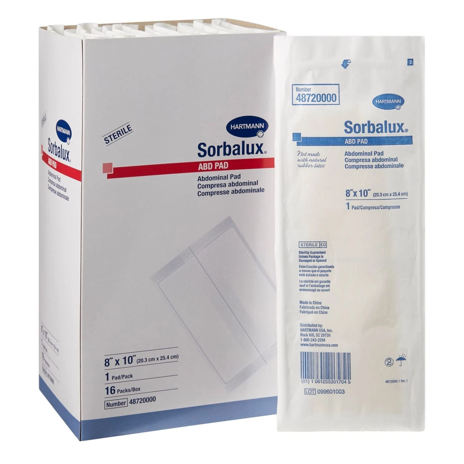1 PK of 16 Sorbalux 48720000 Abdominal Pad, Sterile, 8″ x 10″