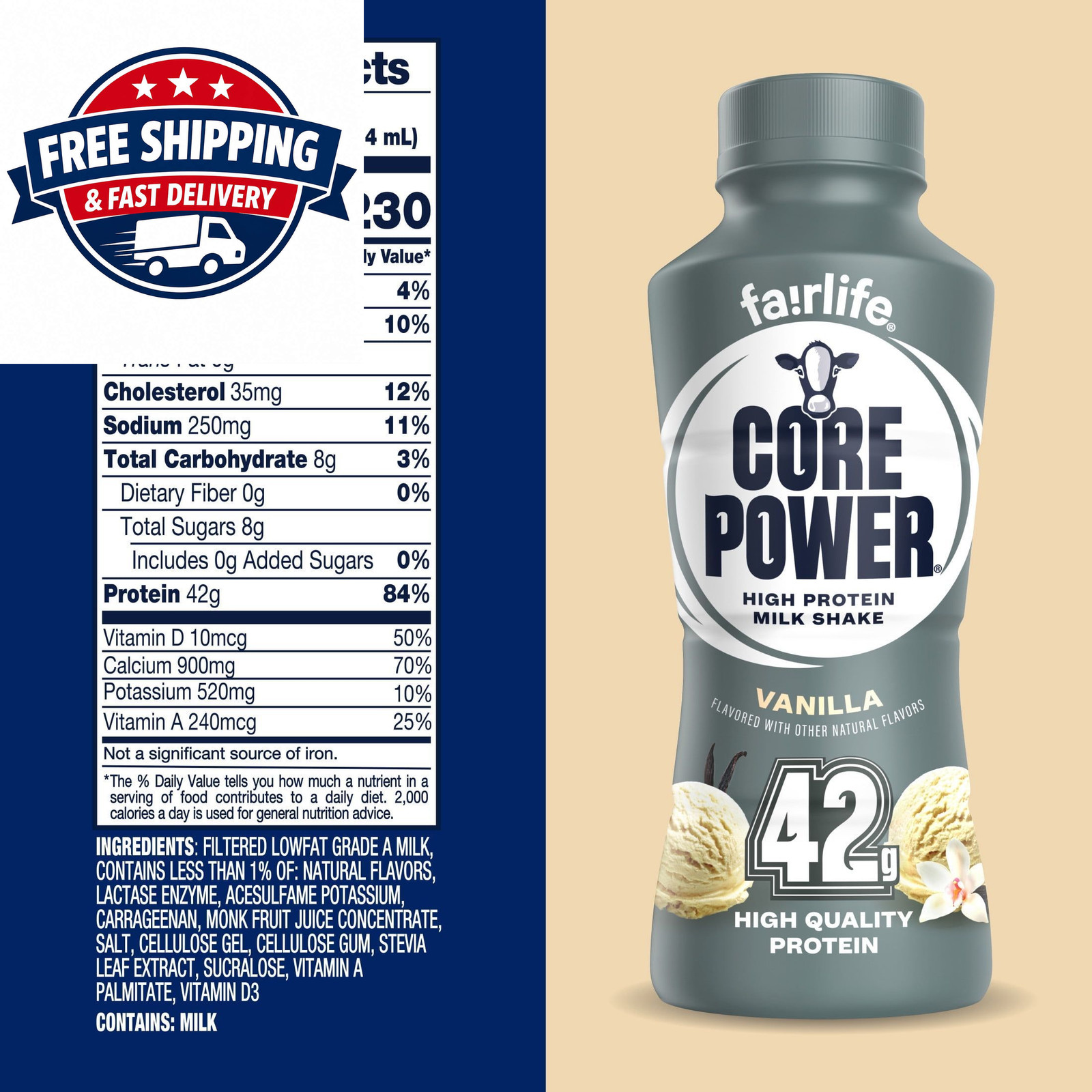 Core Power Elite High Protein Shake, Vanilla, 42g Bottle, 14oz, 12 Pack