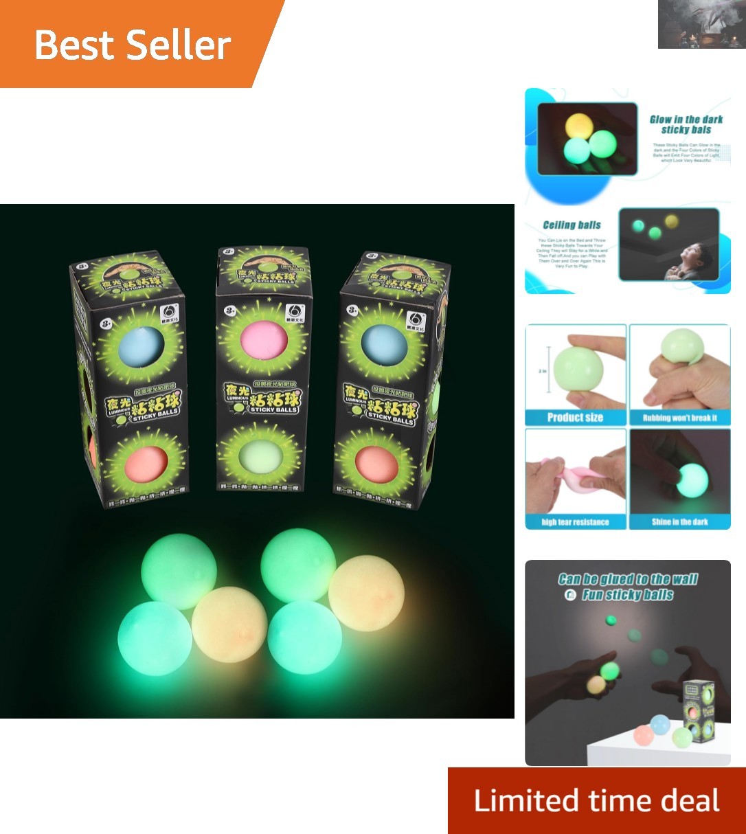 Fun 3-Pack 2.4in Lumi Balls – Sticky, Glow-in-the-Dark Stress Balls for Everyone