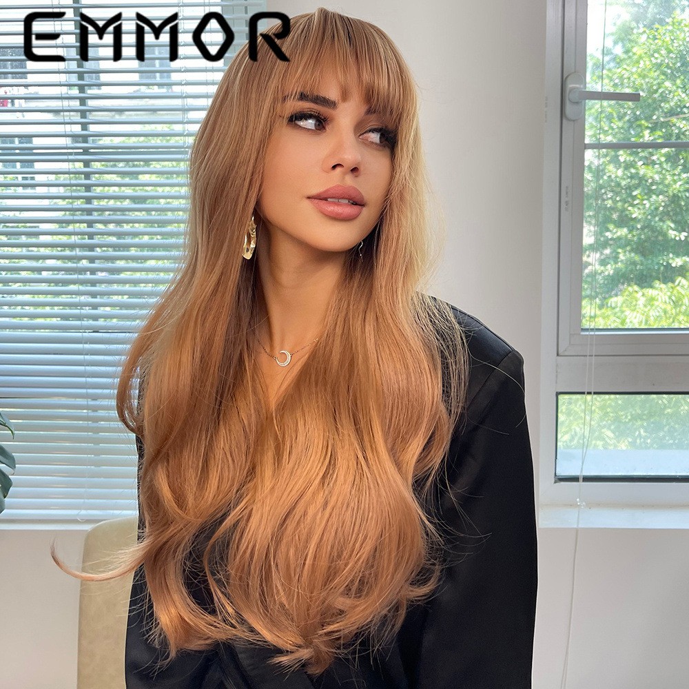 Long Curly Wig with Bangs High Temperature Fiber Matte Synthetic Full Head Wig