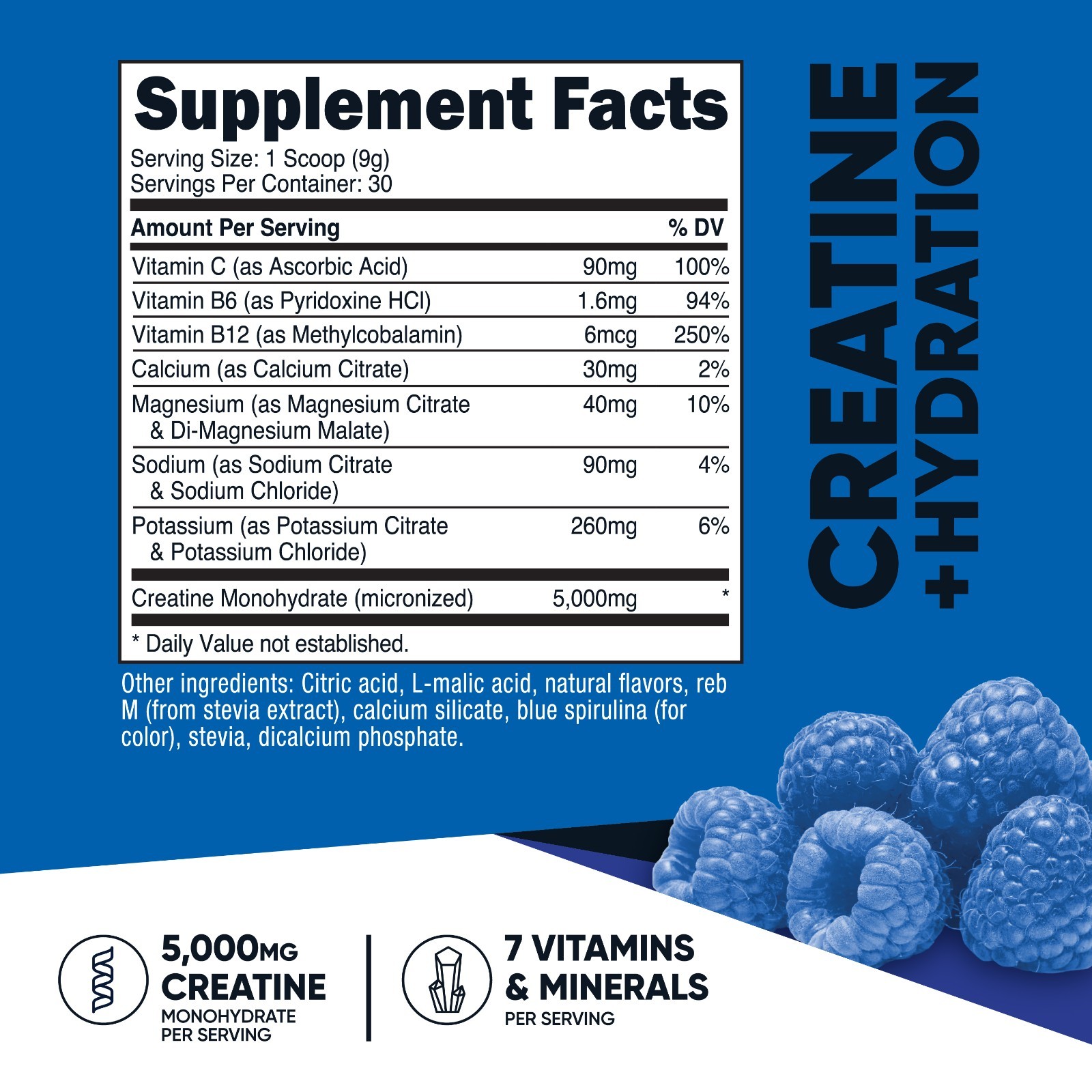 Nutricost Creatine Monohydrate + Hydration Blue Raspberry Flavored, 30 Servings