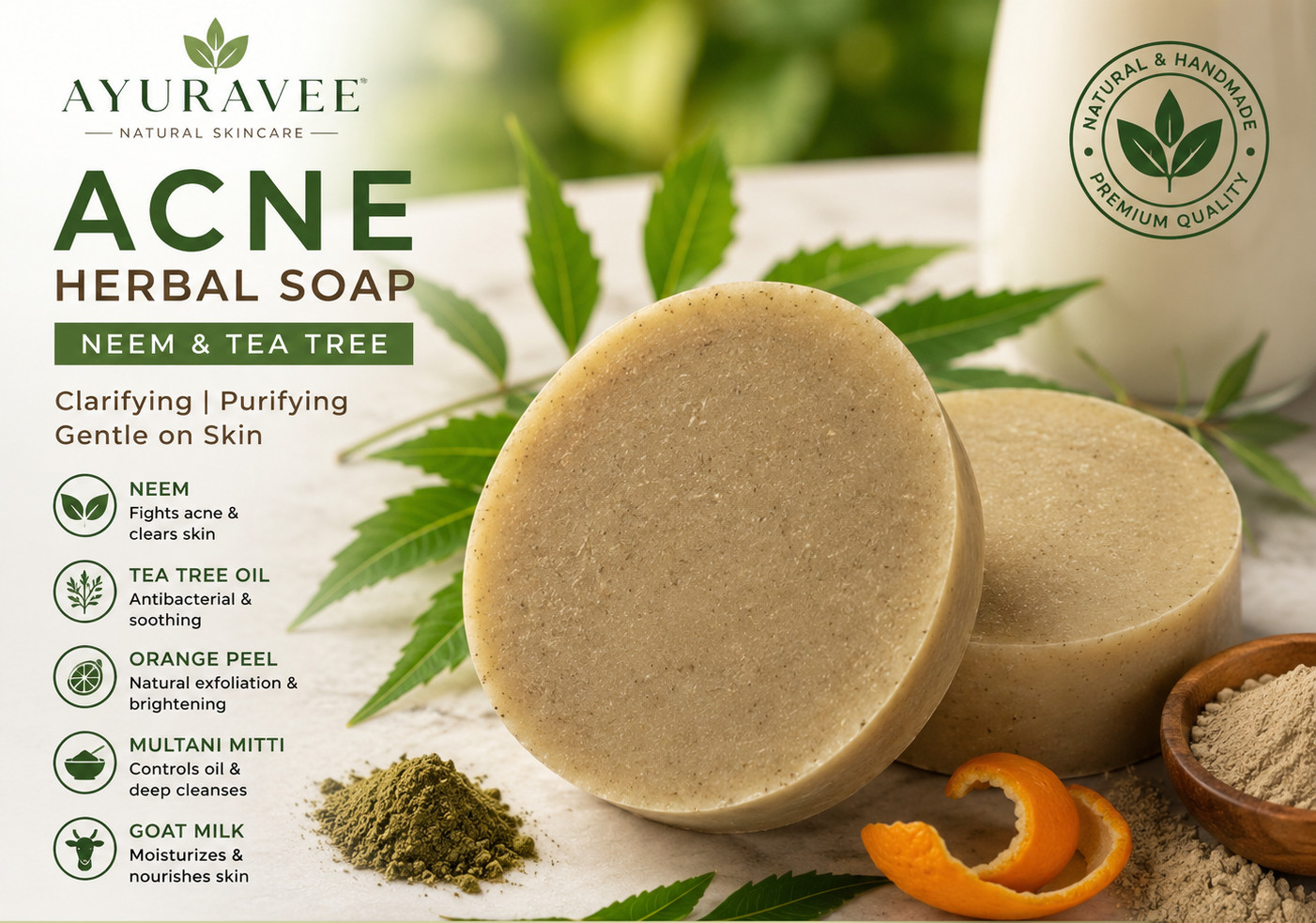AYURAVEE Handmade Neem & Tea Tree Goat Milk Soap for Oily & Acne-Prone Skin 100g