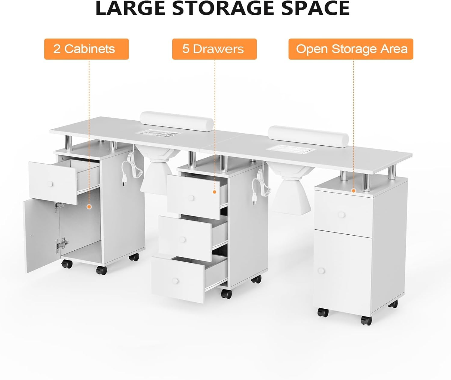 Rolling Double Manicure Table with Dust Collector & Drawers, Nail Table Station