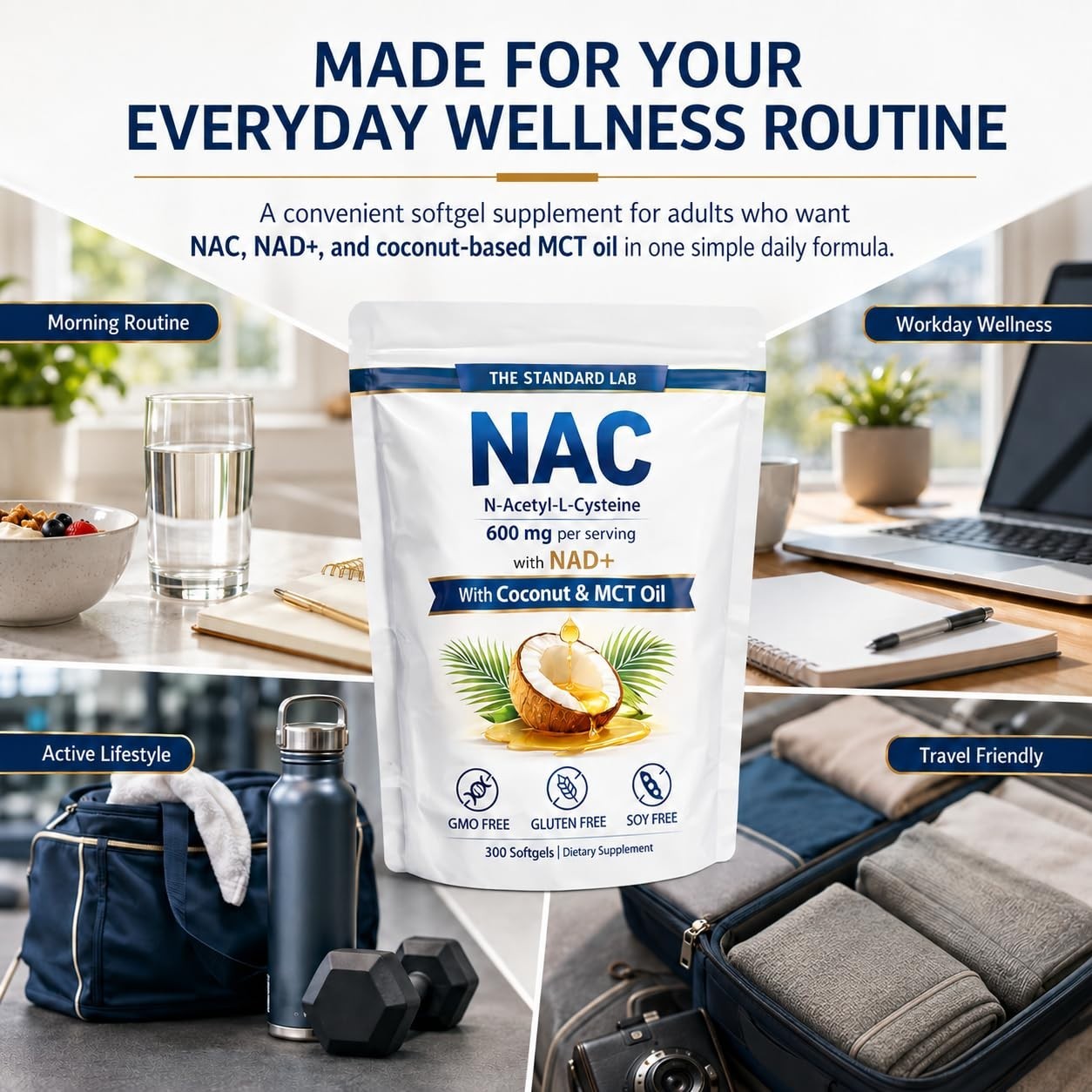 NAC 600mg with NAD+ Daily Complex – 300 Softgels for Immune Support & Energy Boo