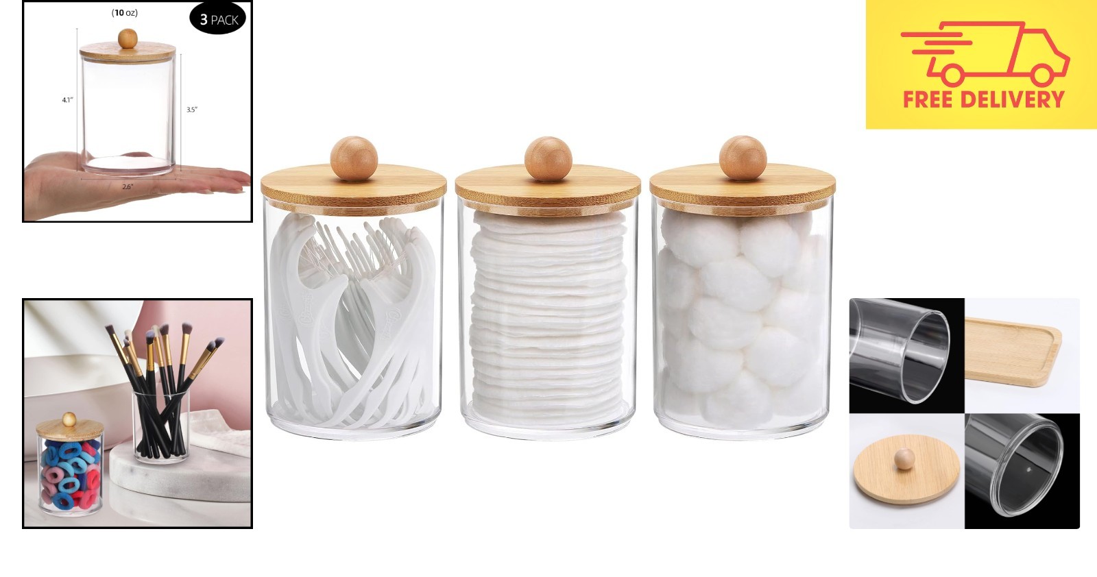 Sophisticated 10 Oz Clear Bathroom Organizers – 3 Pack with Dust-Proof Wood Lids