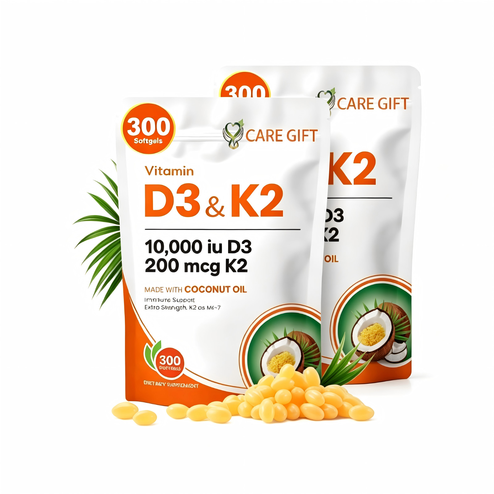 Corefeel Vitamin D3 10000IU + K2 100mcg | Coconut Oil Softgels | 300ct, 2-Pack