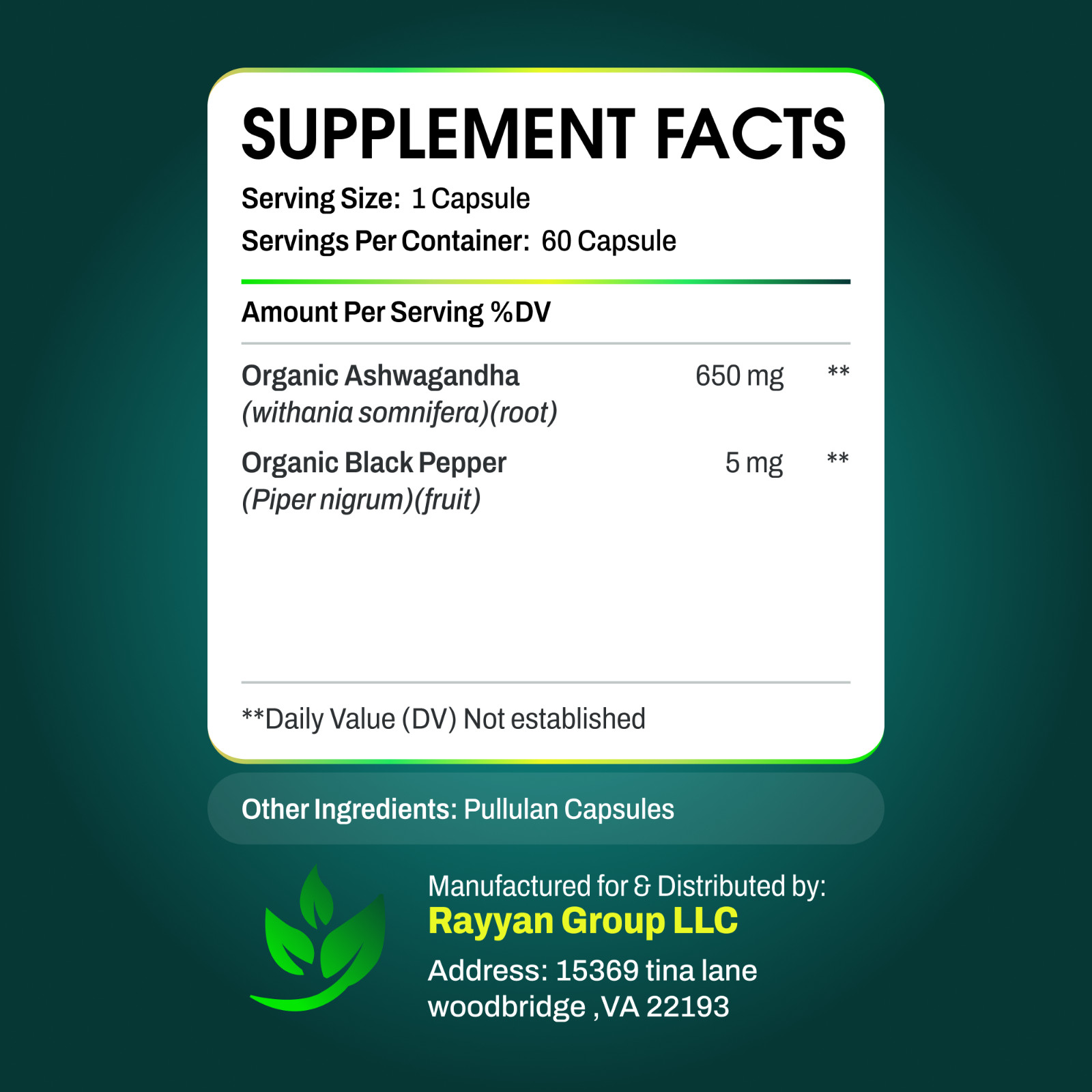 NutriiLab Organic Ashwagandha 650mg Black Pepper Stress Relief Sleep Energy Caps