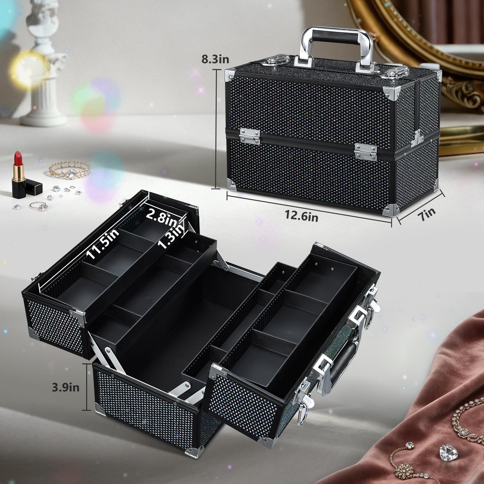12.6 Inch Black Large Makeup Train Case 4 Trays Lock Adjustable Compartment