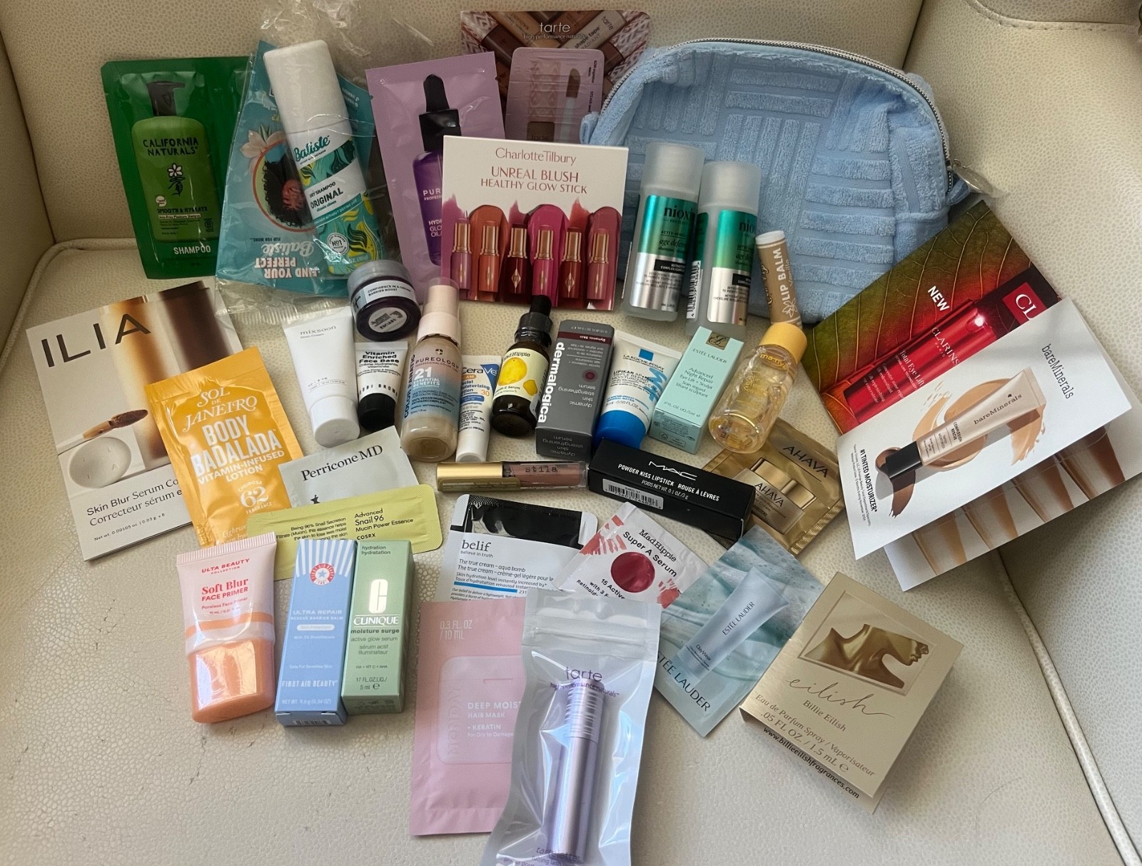 36 pc + High End Beauty Lot Makeup Fragrance Skincare Haircare & Blue Terry Case
