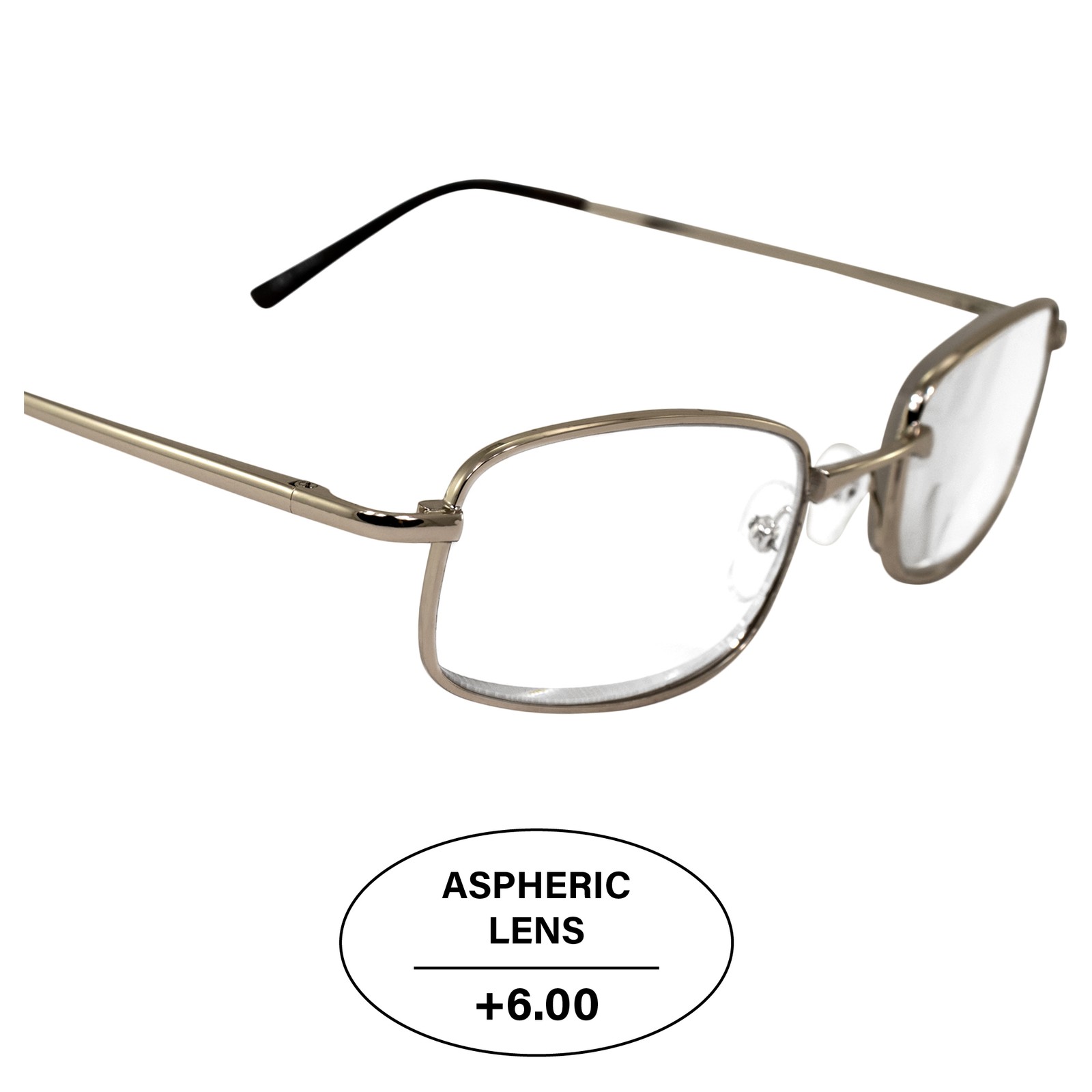 Men’s High Powered Reading Glasses Gold Frame & Case +6.00 Mag Aspheric Lens