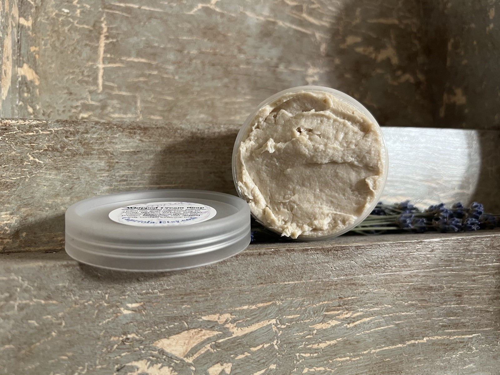 Jar of Whipped Cream Goat Milk Soap with Honey and Comfrey handmade