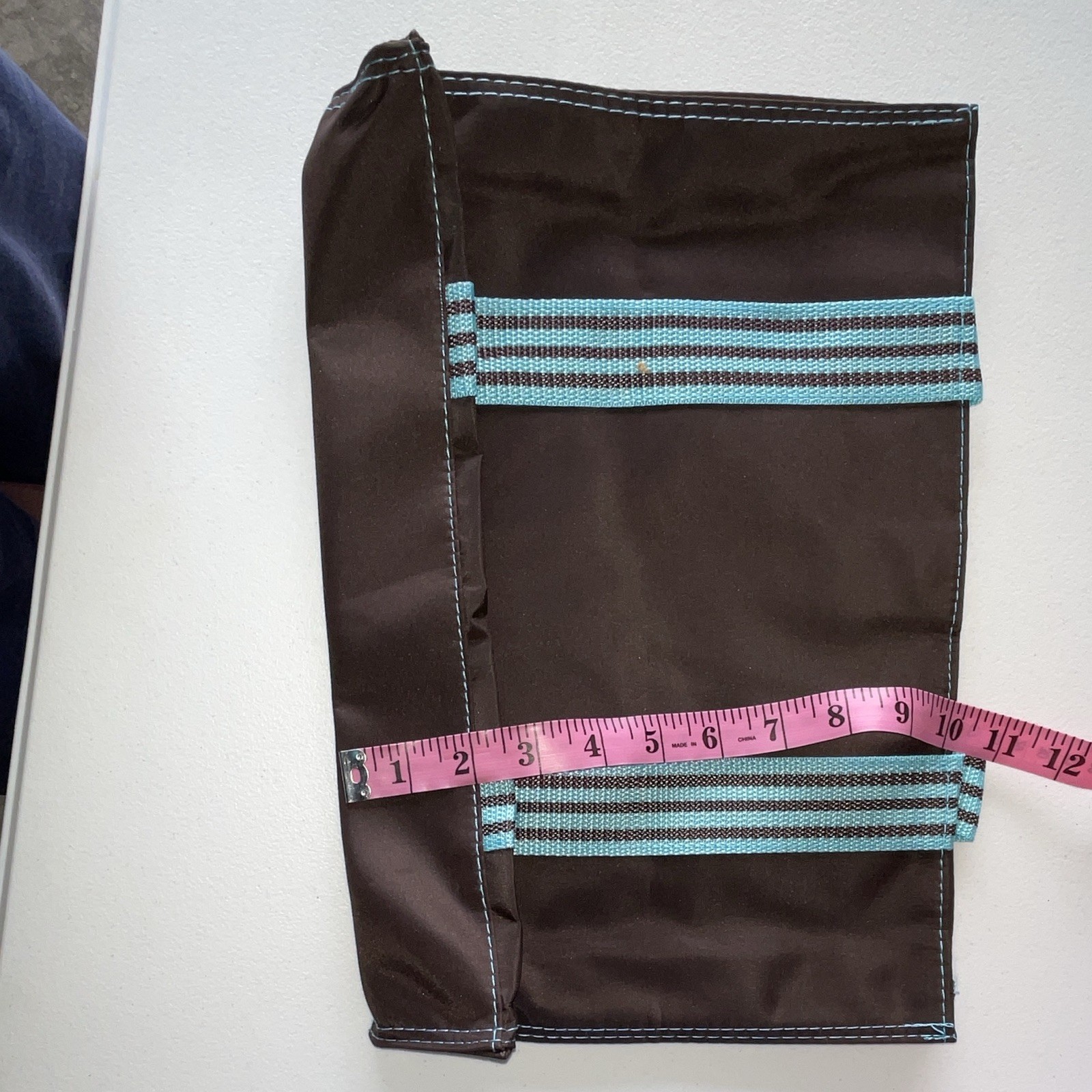 Brown Blue Striped Makeup Bag w/ Pockets Snap Closure 11 x 13 in