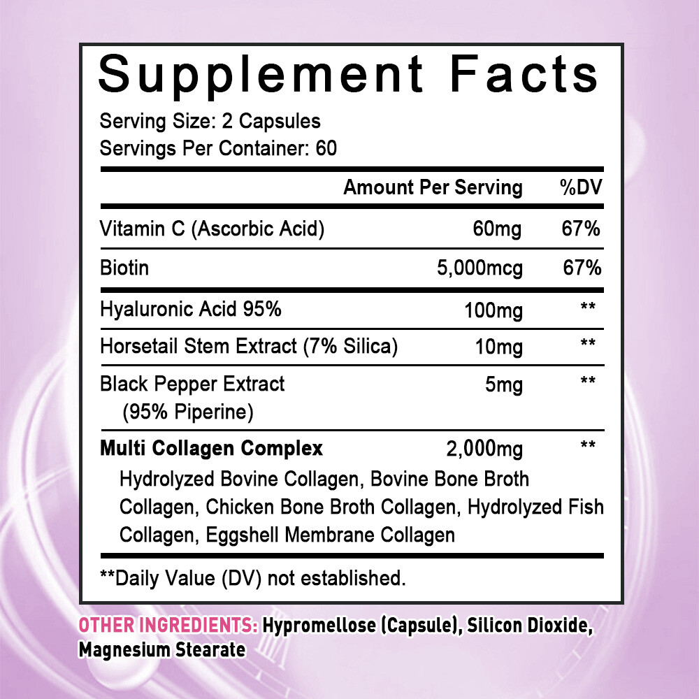 Collagen Peptides Type I, II, III, V, X 2000mg Anti-Aging Skin 120 Capsules