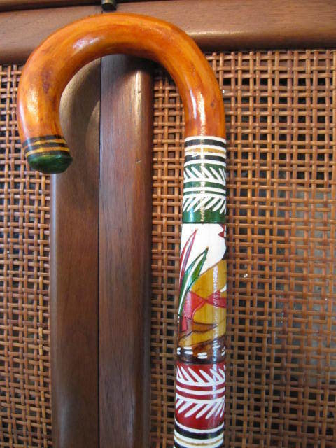 Hand Carved Wooden Cane Walking Stick Mexican Aztec Hand Painted Mexico ONE Cane