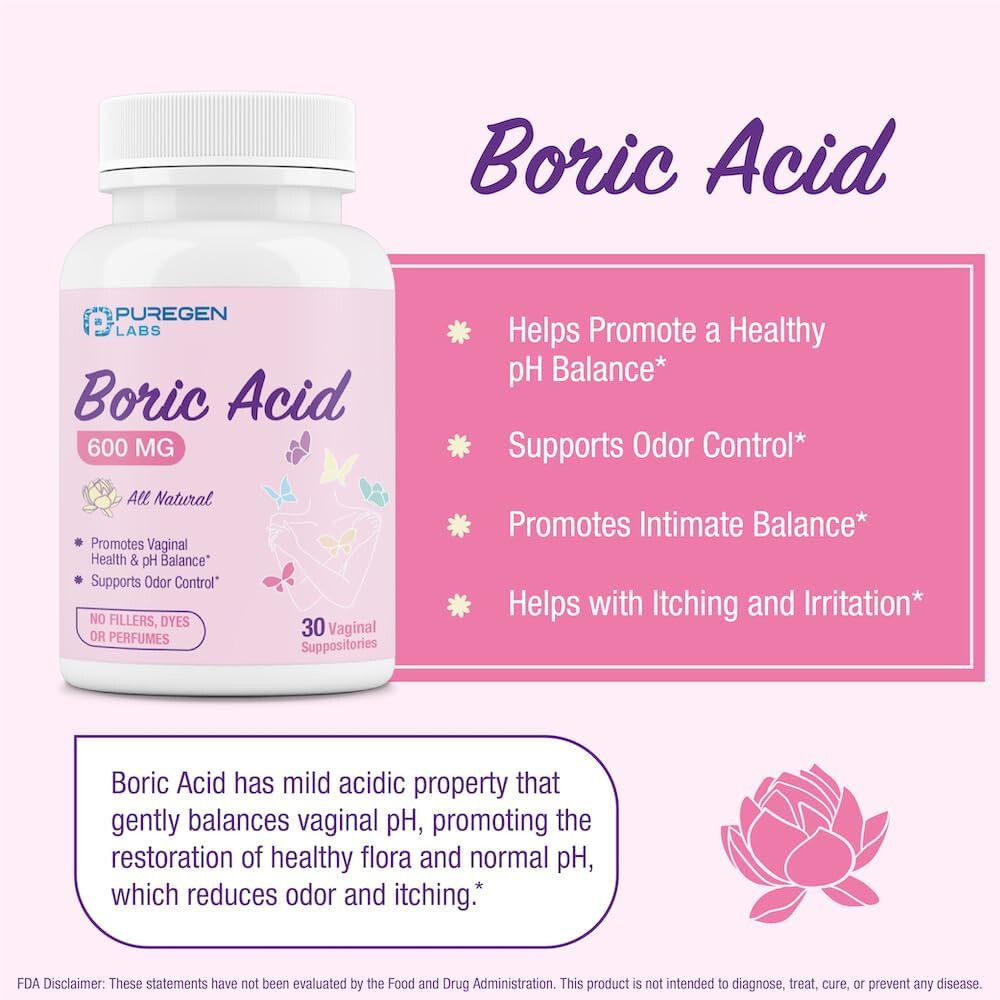 Puregen Labs Boric Acid 600 mg Vaginal Suppositories 1 Pk