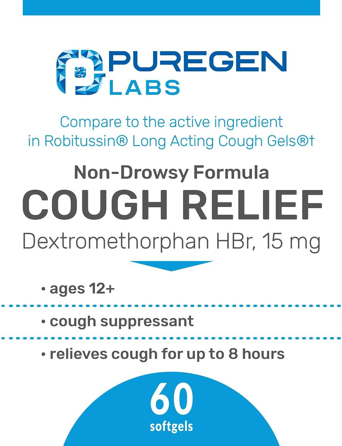 Cough Relief for Adults Dextromethorphan Hbr 15Mg (60 Softgels) 8-Hour, Non-Drow