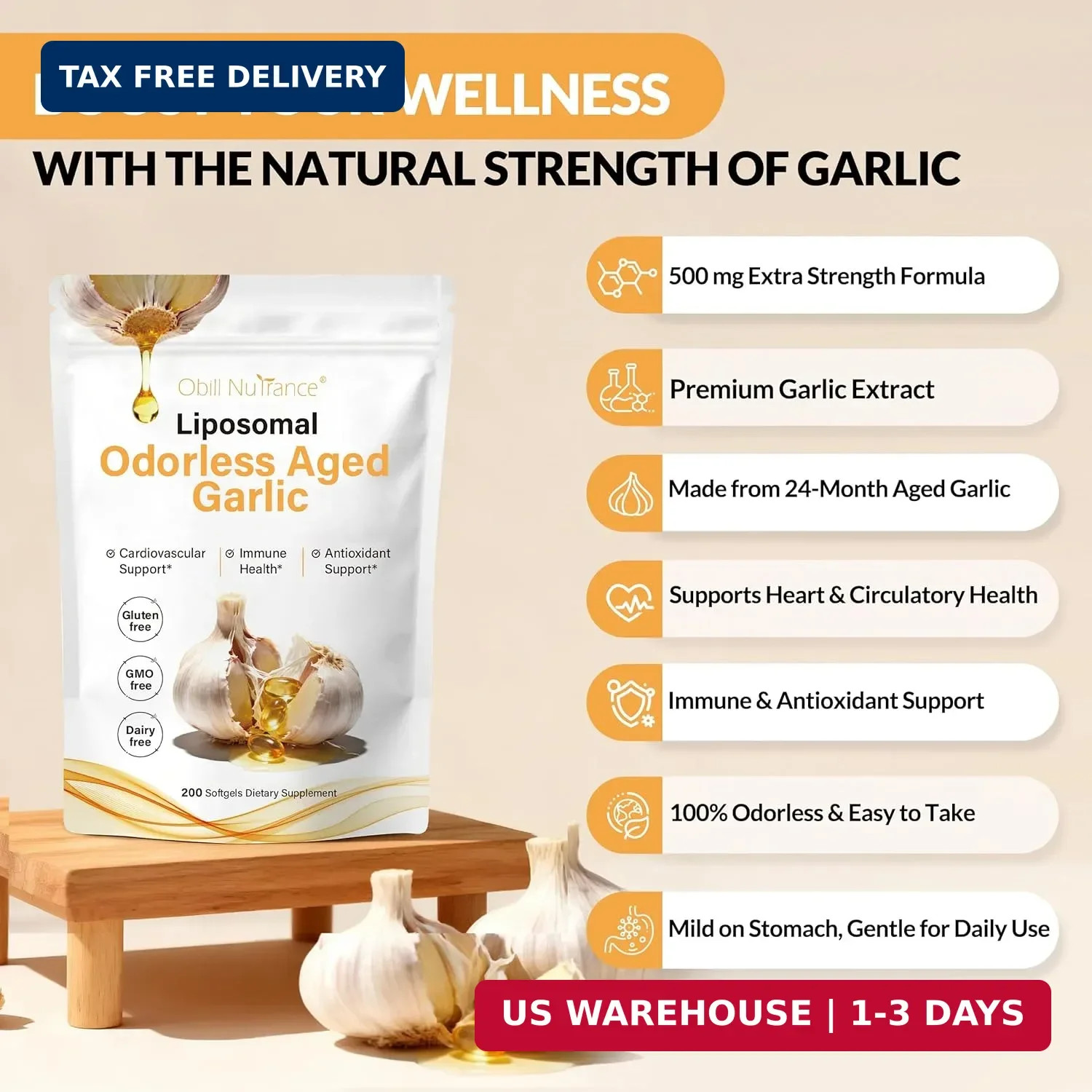 Obill NuTrance Aged Garlic Extract, Odorless Organic Garlic Supplements, 2 Years