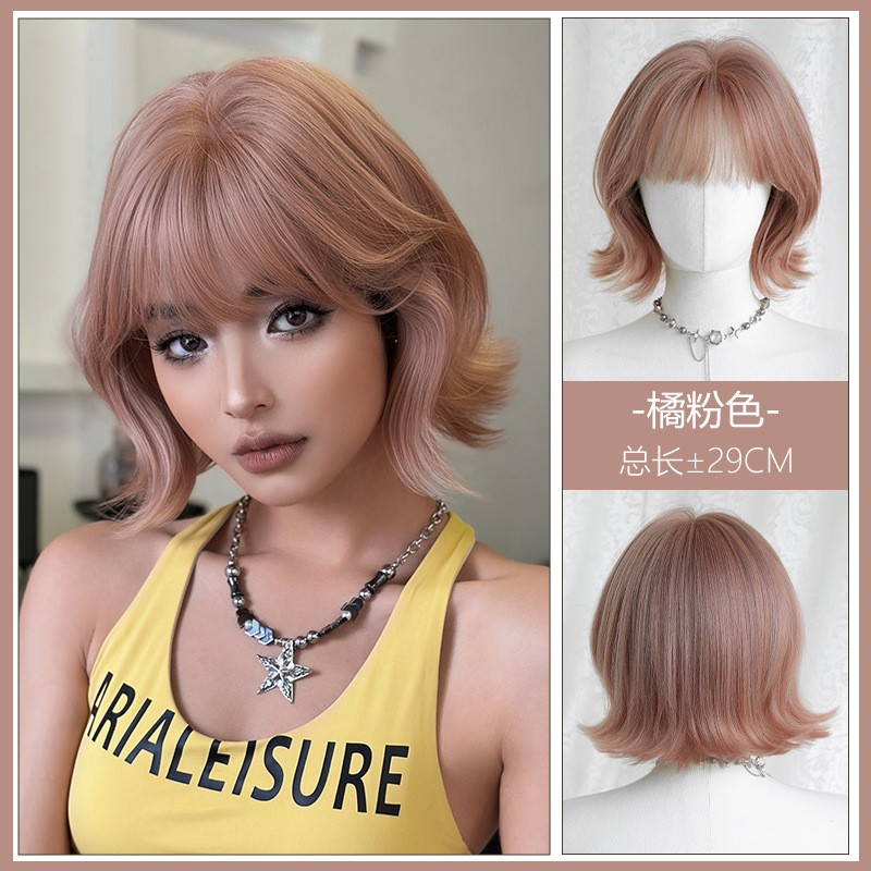 Short Curly Orange Pink Synthetic Full Wig High Temperature Fiber Natural