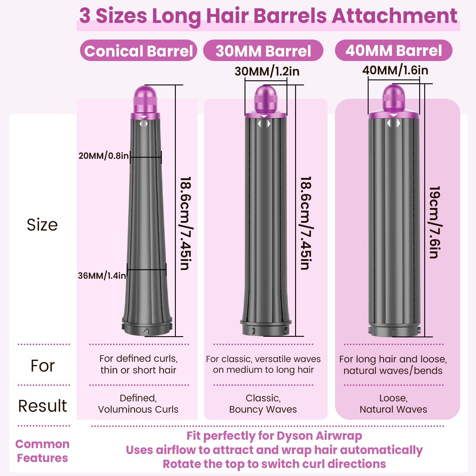 PUREGUST 1.6IN Long Hair Barrels Attachment Compatible with Dyson Airwrap HS01 H