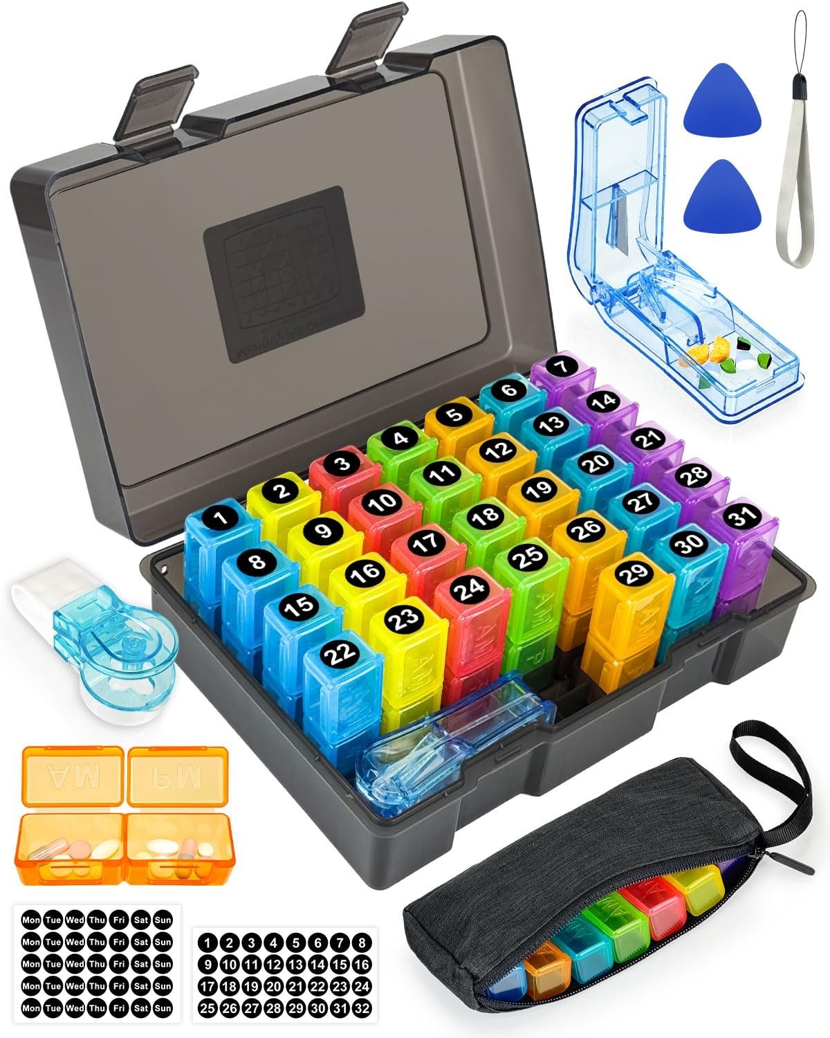 Large Monthly Pill Organizer 2x Daily – Weekly Travel Case, Pill Cutter & Sticke