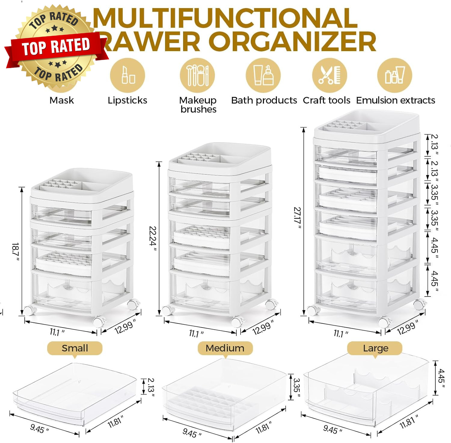 Rolling Cart with 6 Drawers, Clear Plastic Drawer Organizers, Dust Proof under D