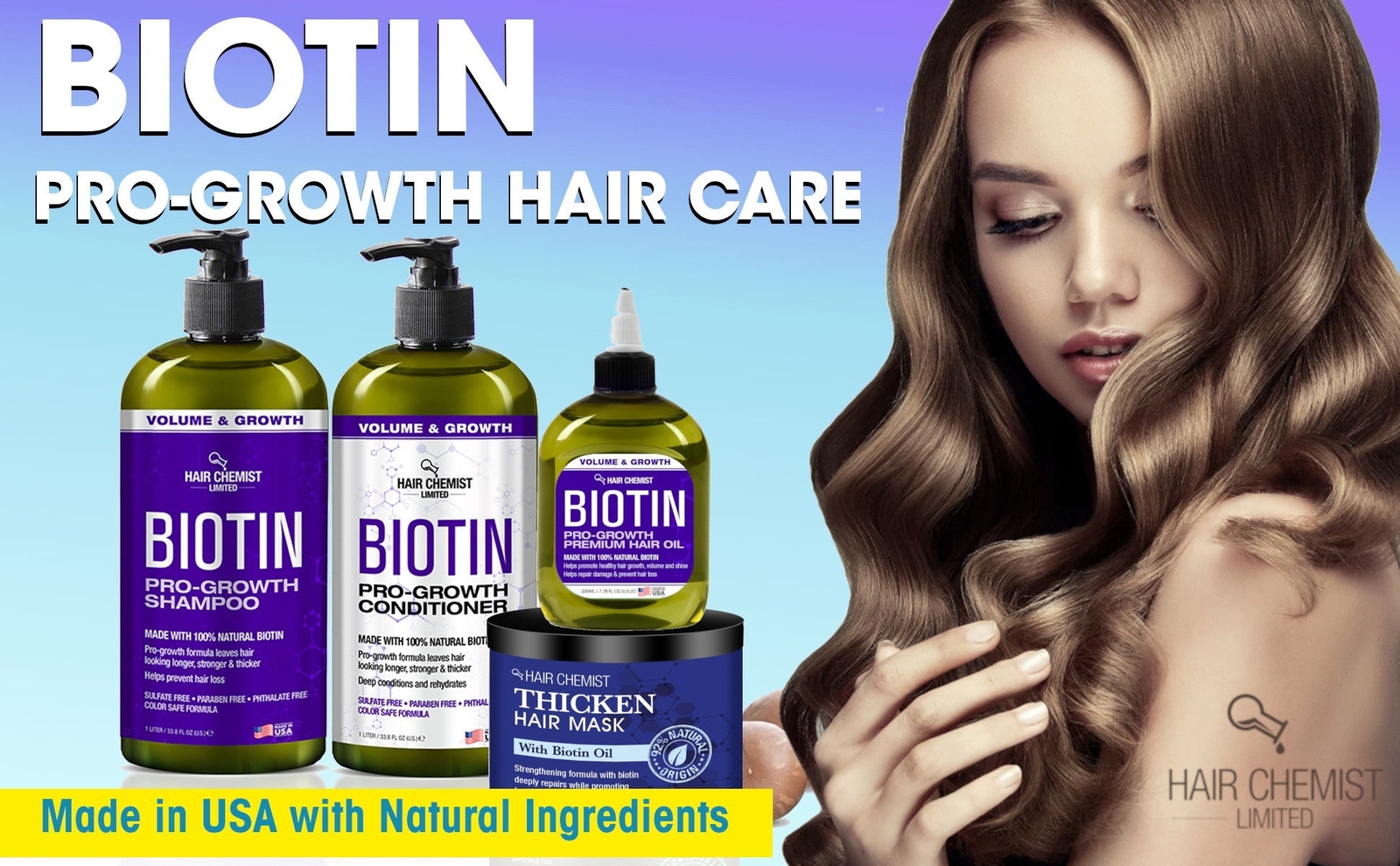 Hair Chemist Biotin Pro-Growth Shampoo & Conditioner Set – Includes 33.8oz Shamp