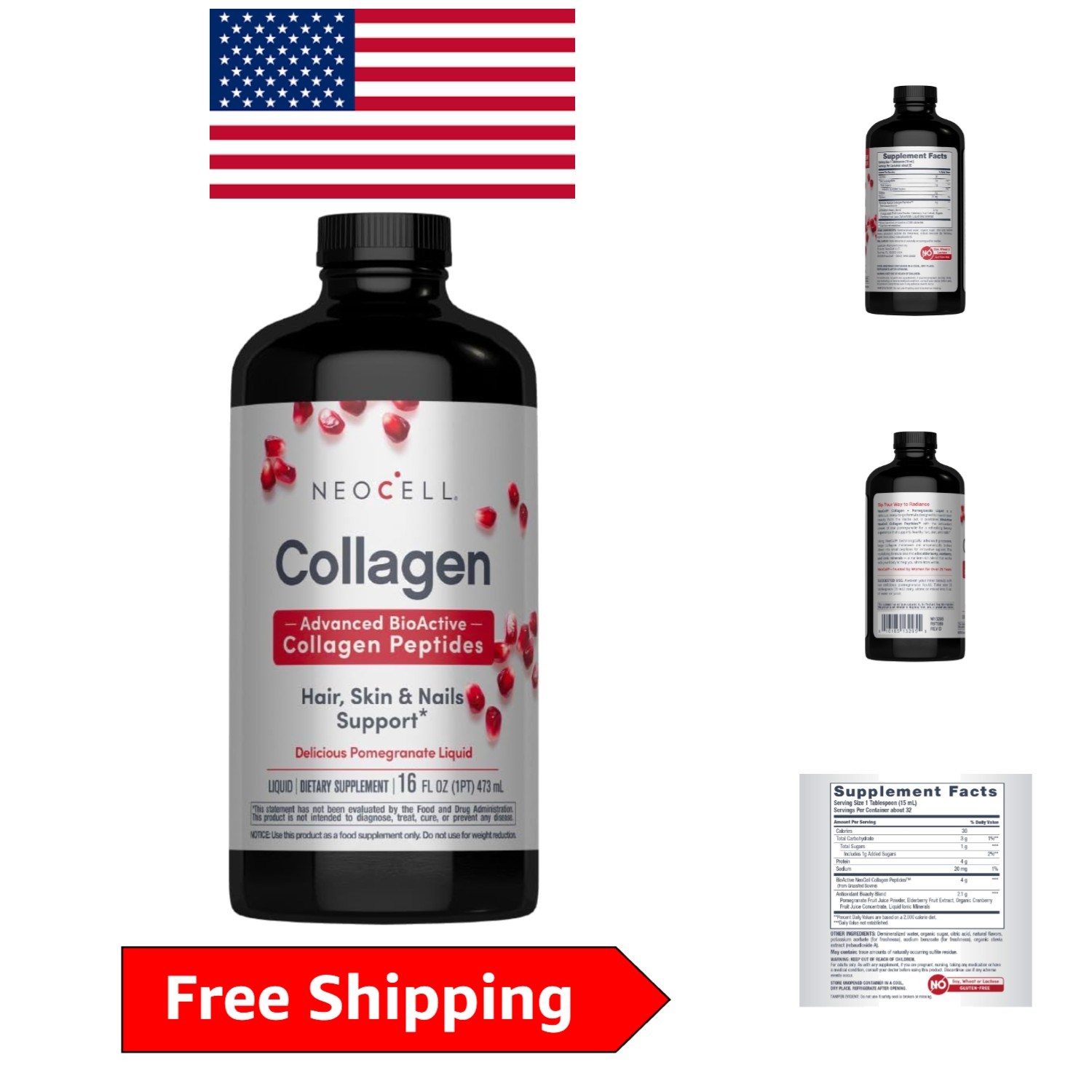 Delicious Pomegranate Liquid Collagen – 16 oz, Supports Skin, Hair, & Joints