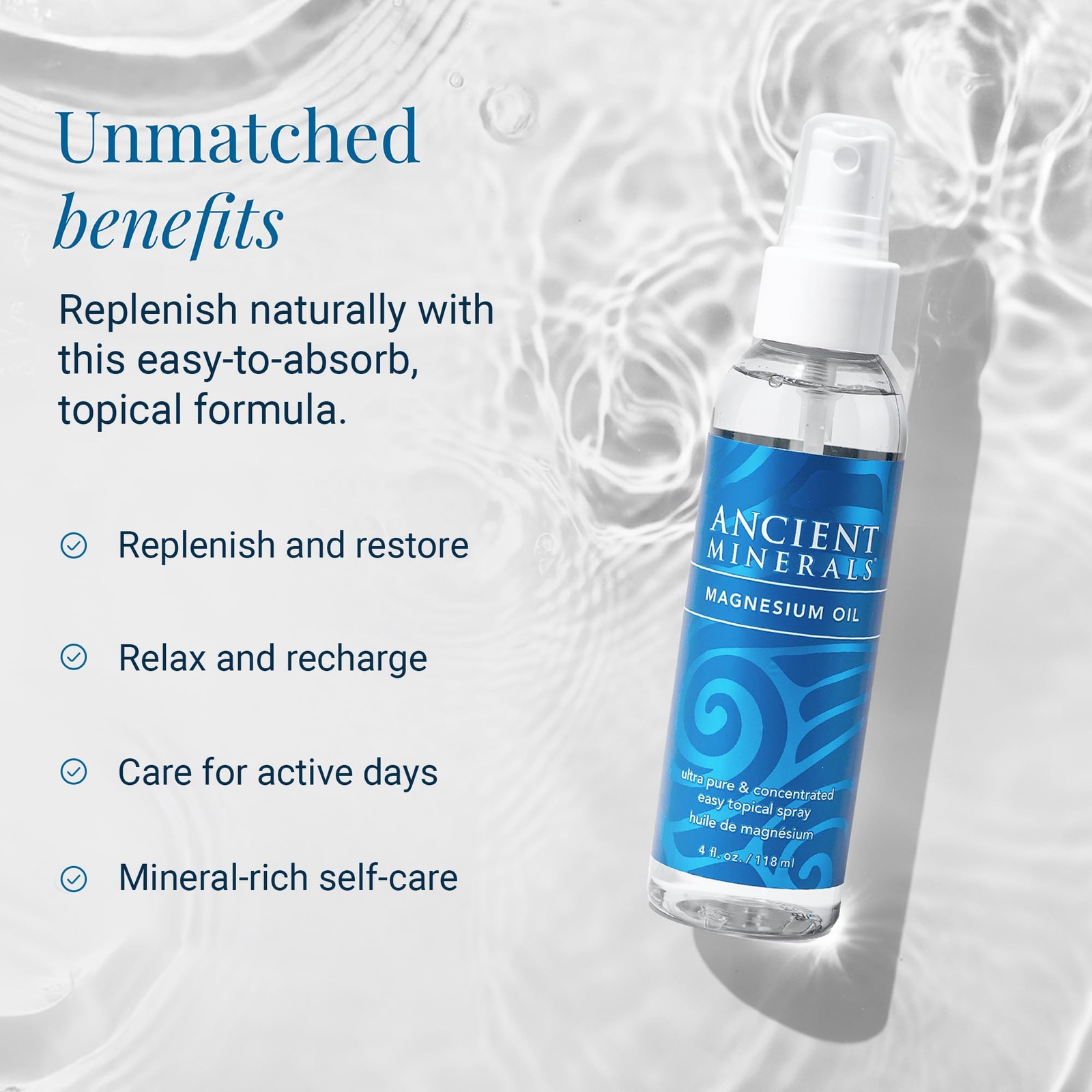 Ancient Minerals Magnesium Oil Spray Bottle of Pure 4 Fl Oz (Pack 1)