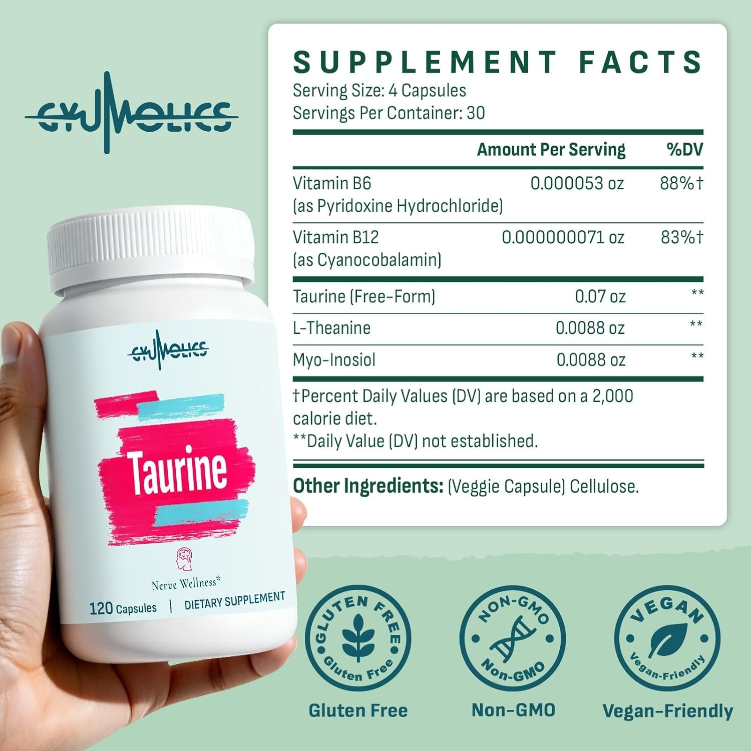 Gyumolics Taurine 2000mg, Amino Acid w/ L-Theanine, Inositol, B6 & B12, 120 Caps